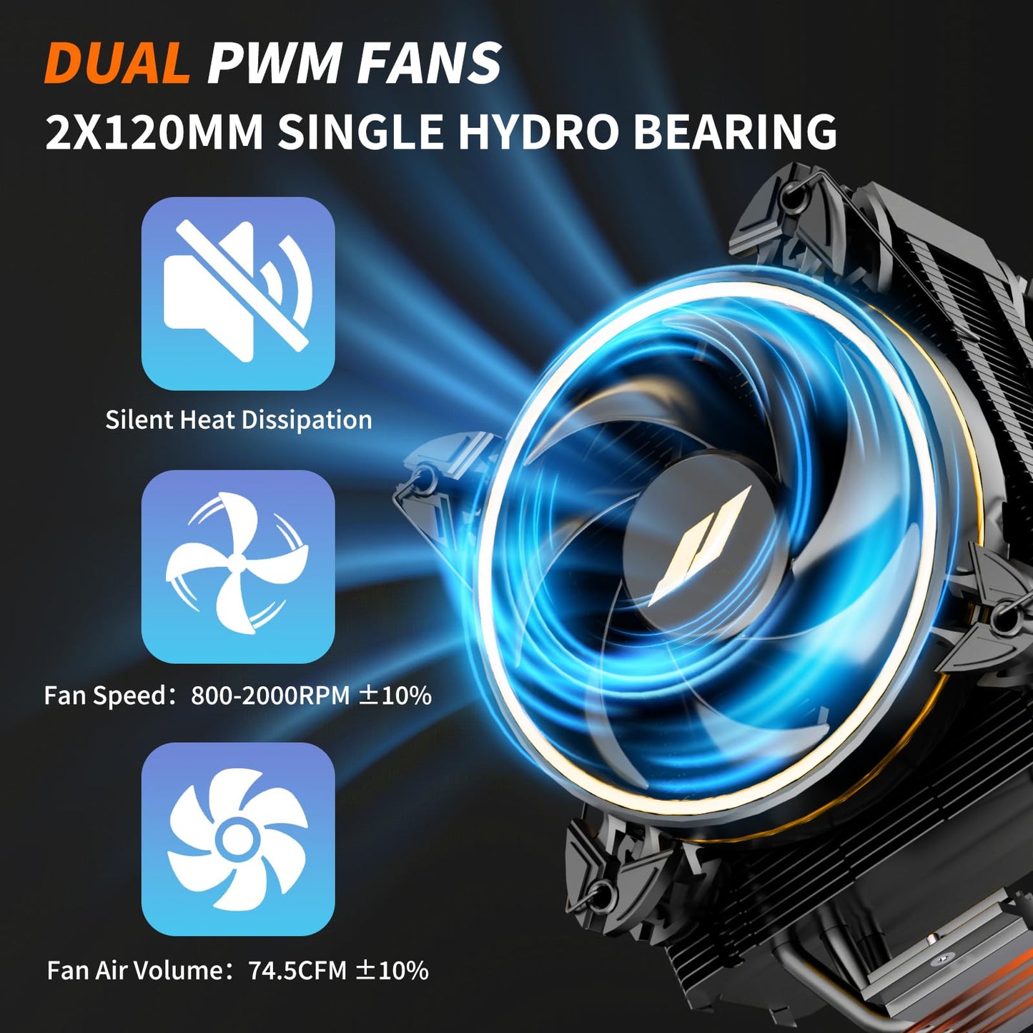 OCPC CPU Cooler - Single-Tower Air Cooler with Dual 120mm PWM Fans, 4 Heatpipes, 800-2000 RPM, High-Performance Cooling for AMD AM4/AM5 & Intel