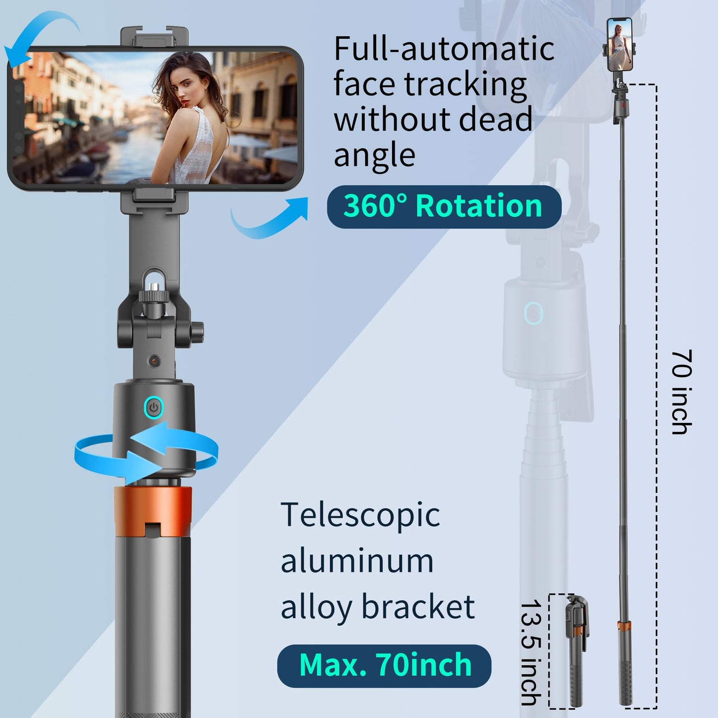 70" Auto Face Tracking Phone Tripod with Fill Light, 360° Rotating Smart Shooting Stand with Remote Control, No App Required for Vlogging, TikTok
