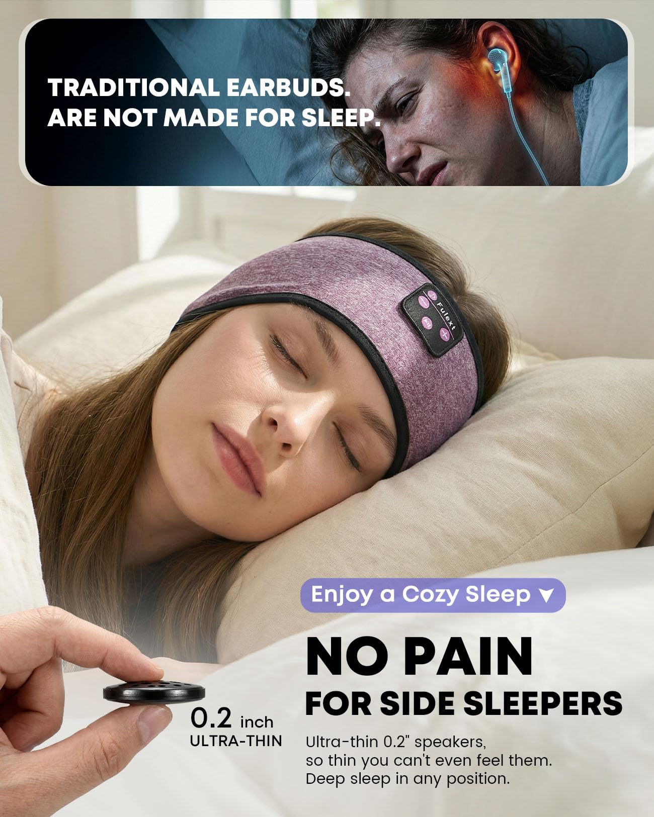 Fulext Bluetooth Headband Headphones, Sleep Headphones for Side Sleepers - Sleeping Comfortable with Thin Speaker Microphone Handsfree Best Gift…