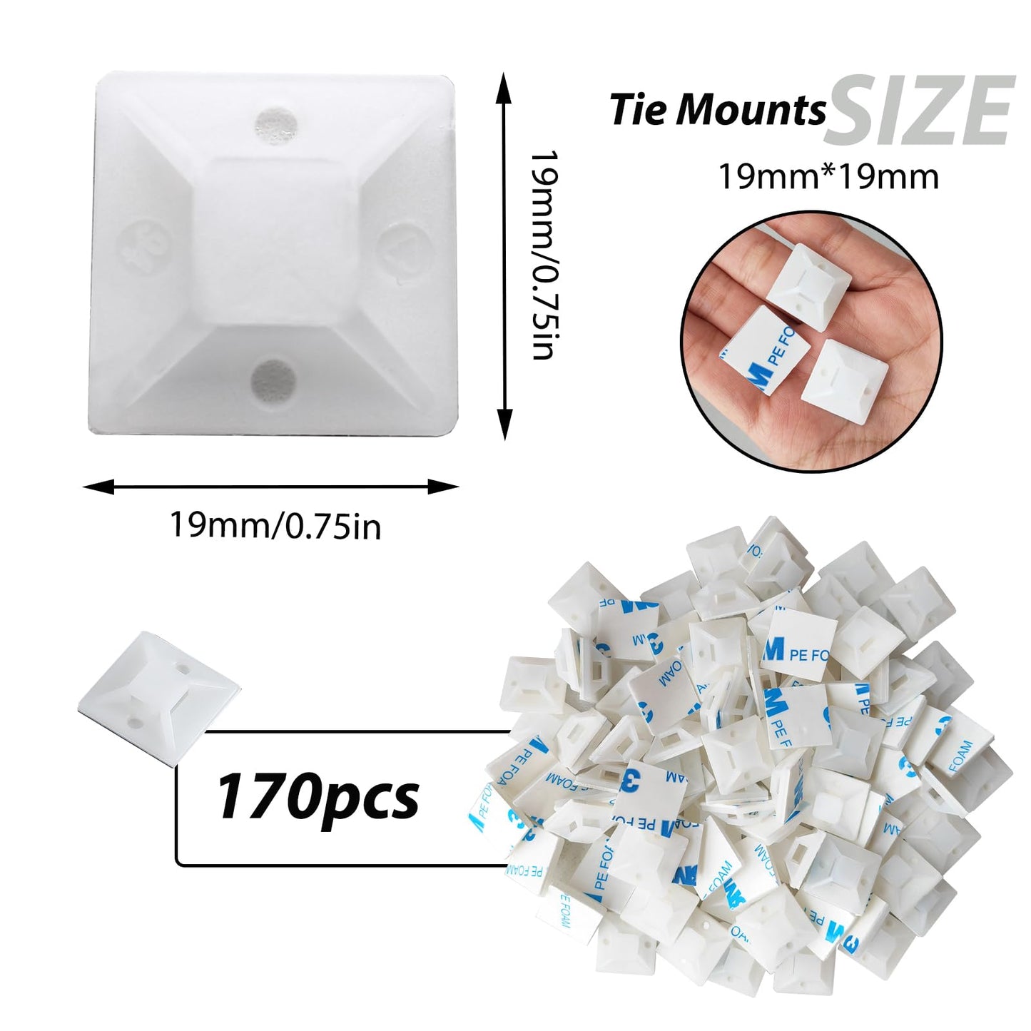 340 Pcs Self Adhesive Cable Zip Tie Mounts Set | 170 Pcs Cable Tie Mounting Base,3/4" | 170 Pcs Zip Ties,8" | White,Cable Clip,Wire Management