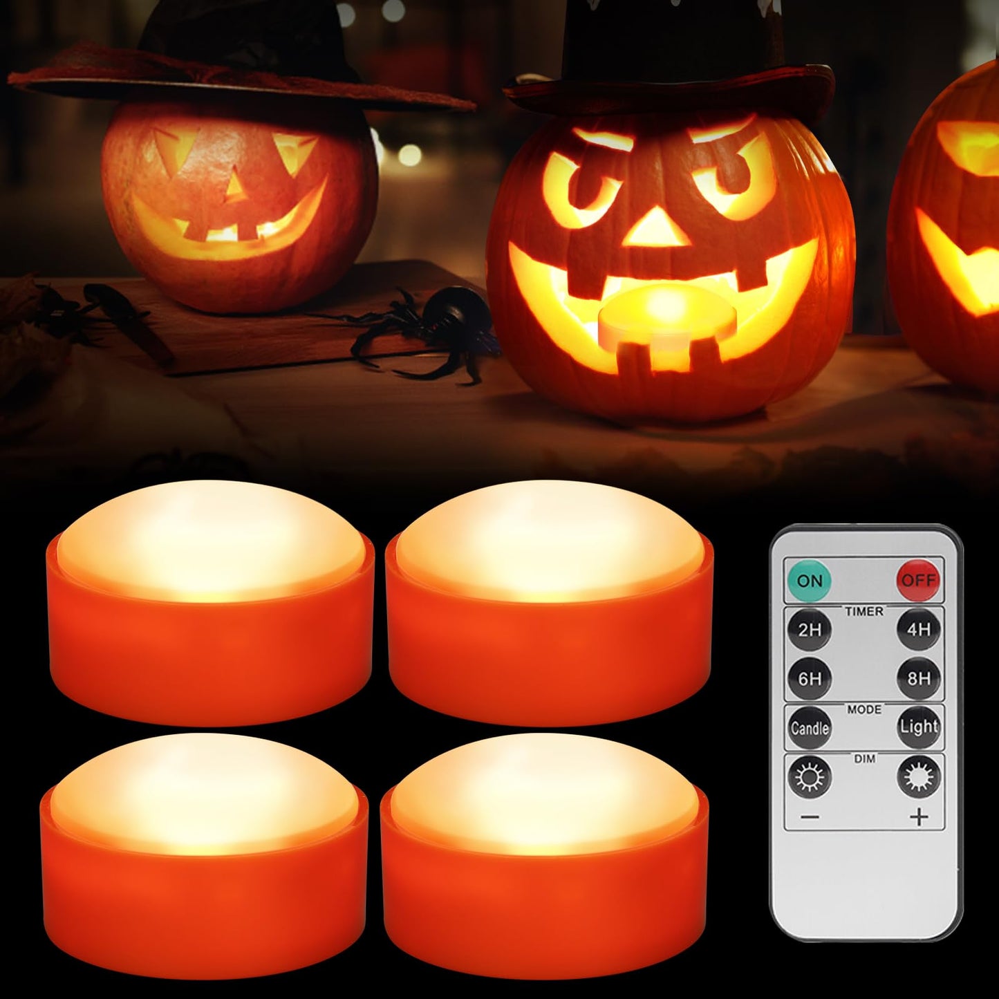 4PCS Halloween Pumpkin Lights with Remote and Timer, Battery Operated Dimmable LED Pumpkin Lights for Lighting up Jack-O-Lantern Pumpkins, Flickering