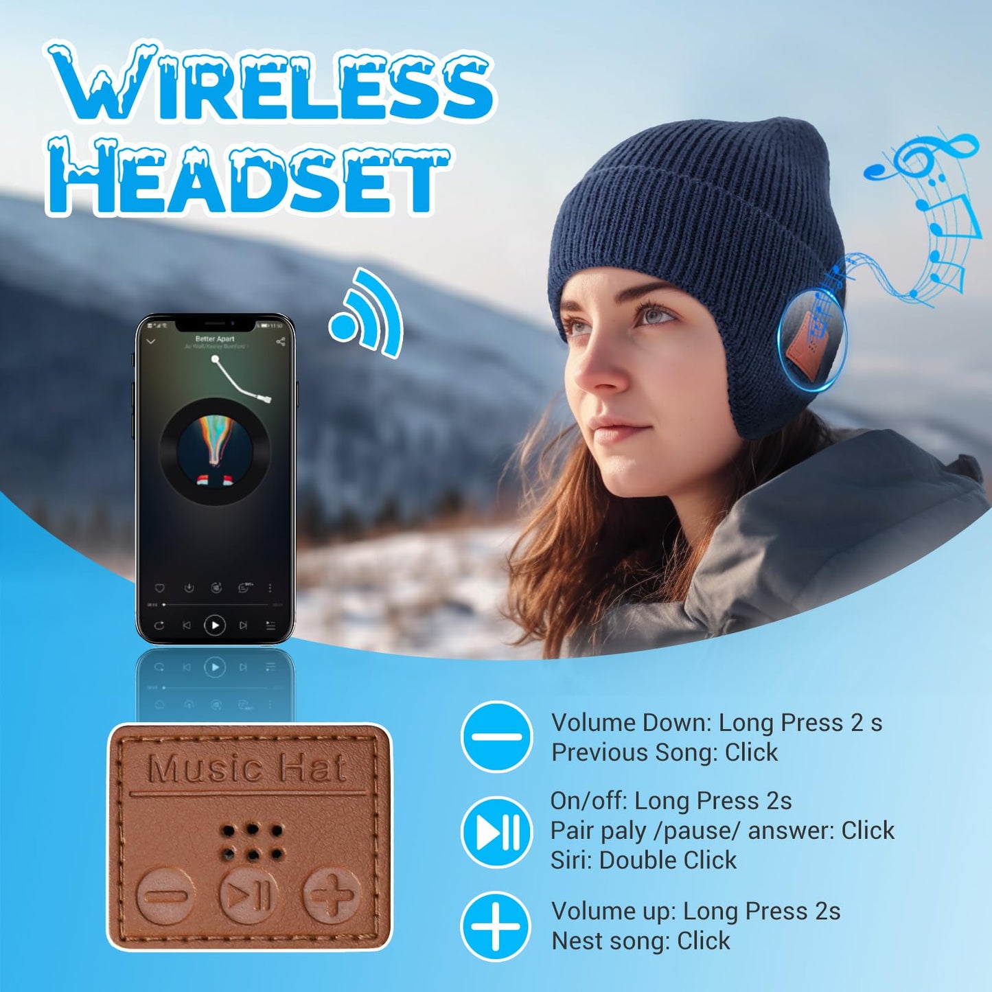 Bluetooth Beanie Hat with Headphones, Wireless Winter Hat Built-in Microphone and Stereo Speakers (Navy Blue)