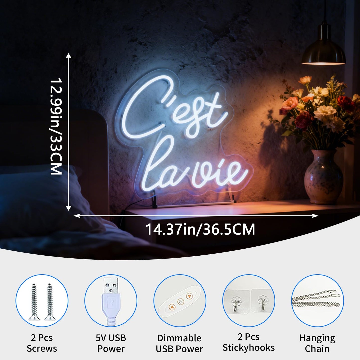 C'est la vie LED Neon Sign - White That's Life Neon Light, USB Powered Wall Table Decor for Bedroom Living Room Party Dorm, 12.99x 14.37 in