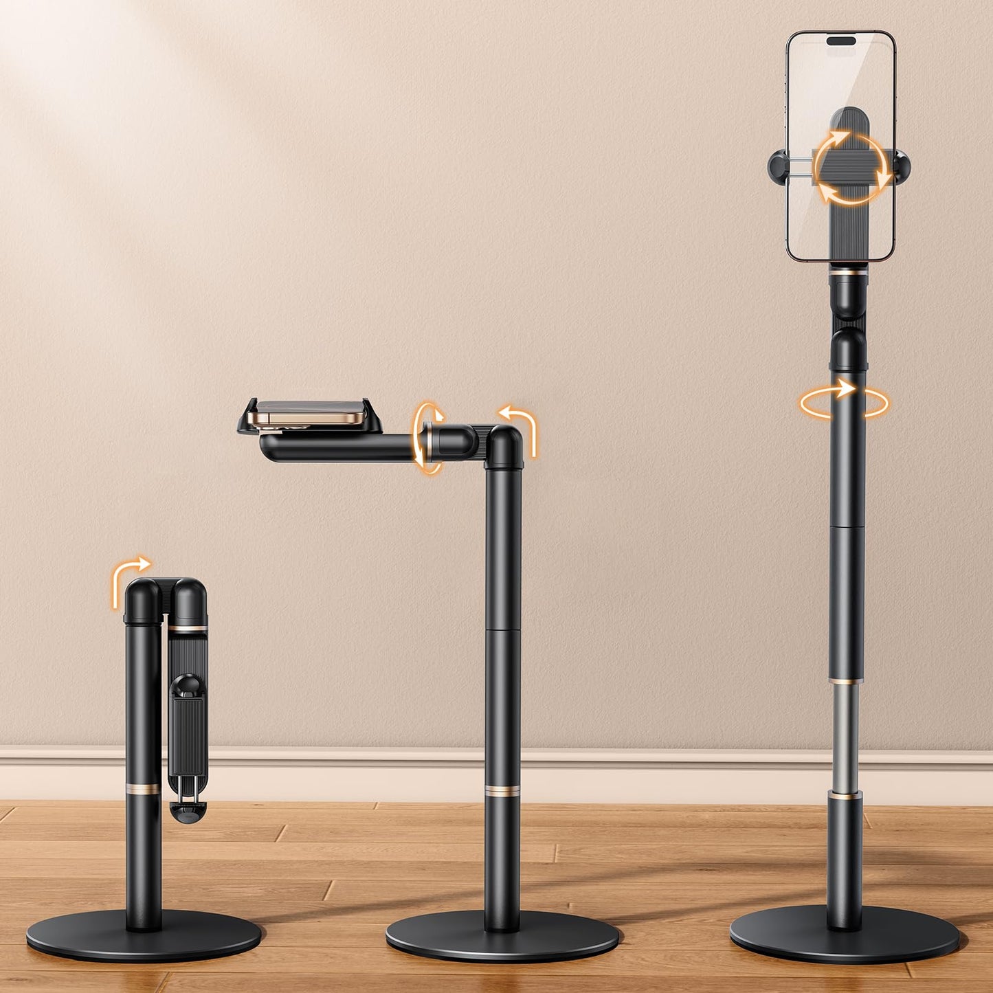 WISFISSH Height/Angle Adjustable Phone Holder, 10"-25" Retractable Tall Phone Stand for Desk,720°Rotatable+180flip Phone Holder Stand for Video Calls