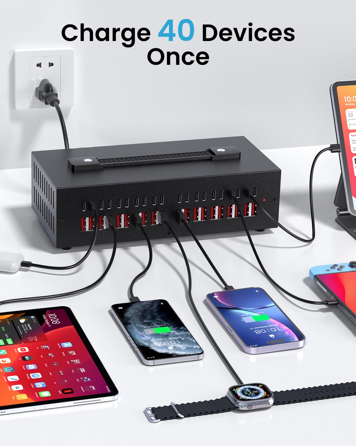 300W USB~c Charging Station, 40 Port (20 USB A & 20 USB~C Port) USB Charger Block, Fast Charging Station for Multiple Devices, Desktop Charger