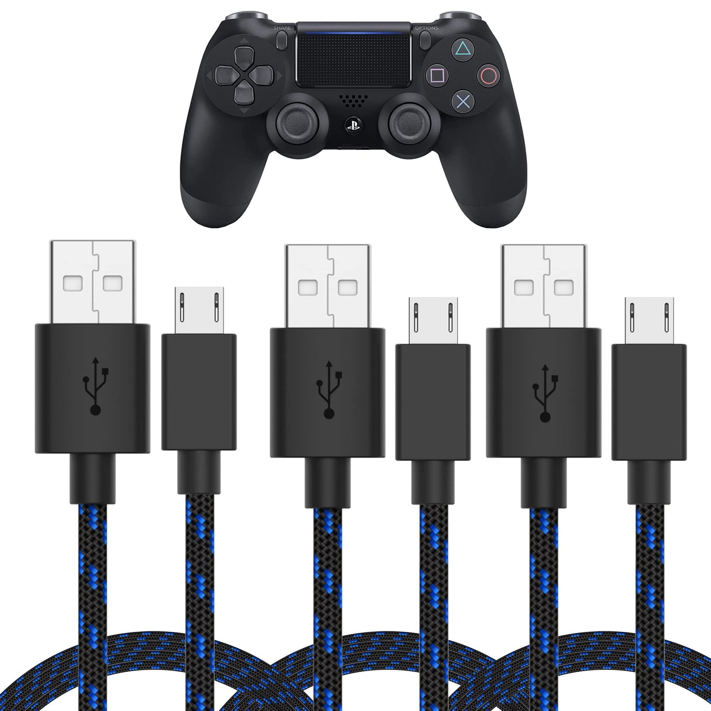 TalkWorks Micro USB Controller Charger Cable for PlayStation 4-6-Foot Long Braided Heavy-Duty Fast Charger Cord for PS4, Blue-Black (3 Pack)