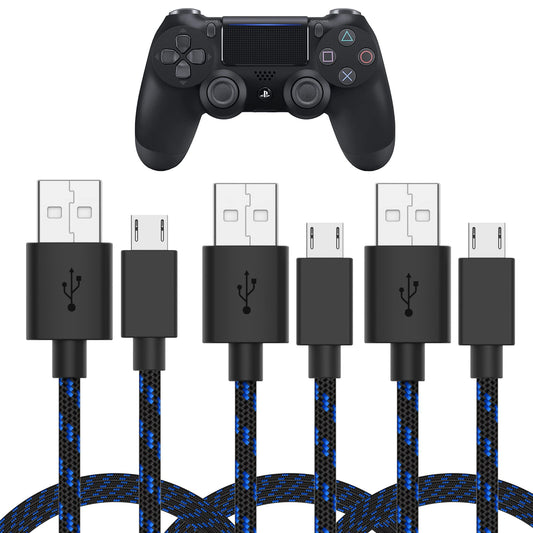 TalkWorks Micro USB Controller Charger Cable for PlayStation 4-6-Foot Long Braided Heavy-Duty Fast Charger Cord for PS4, Blue-Black (3 Pack)