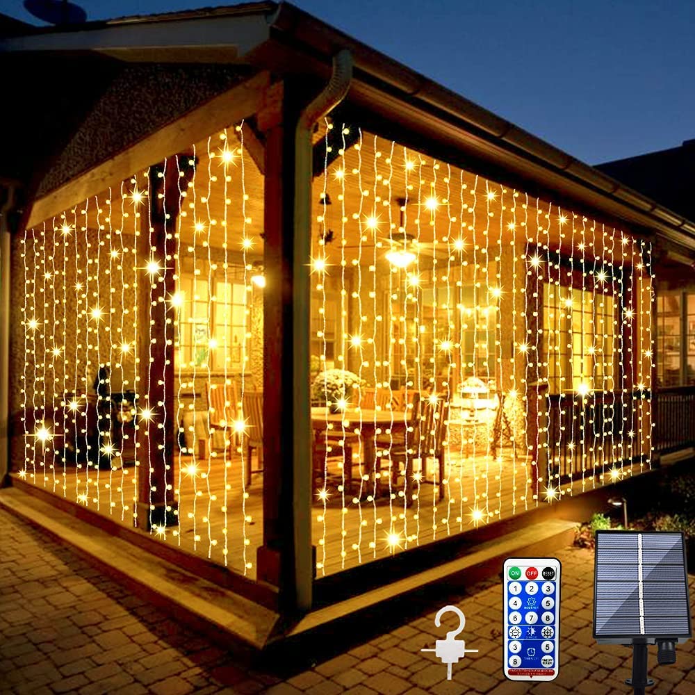 2 Pack Solar Curtain Lights Outdoor Garden Fairy String Lights 300 LED 8 Modes Remote Control Waterproof Solar Waterfall Lights for Gazebo Patio Party