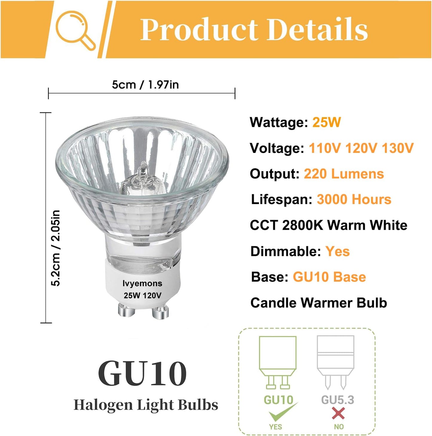 Ivyemons GU10+C 120V 25W Halogen MR16 Bulbs Dimmable for Candle Warmer