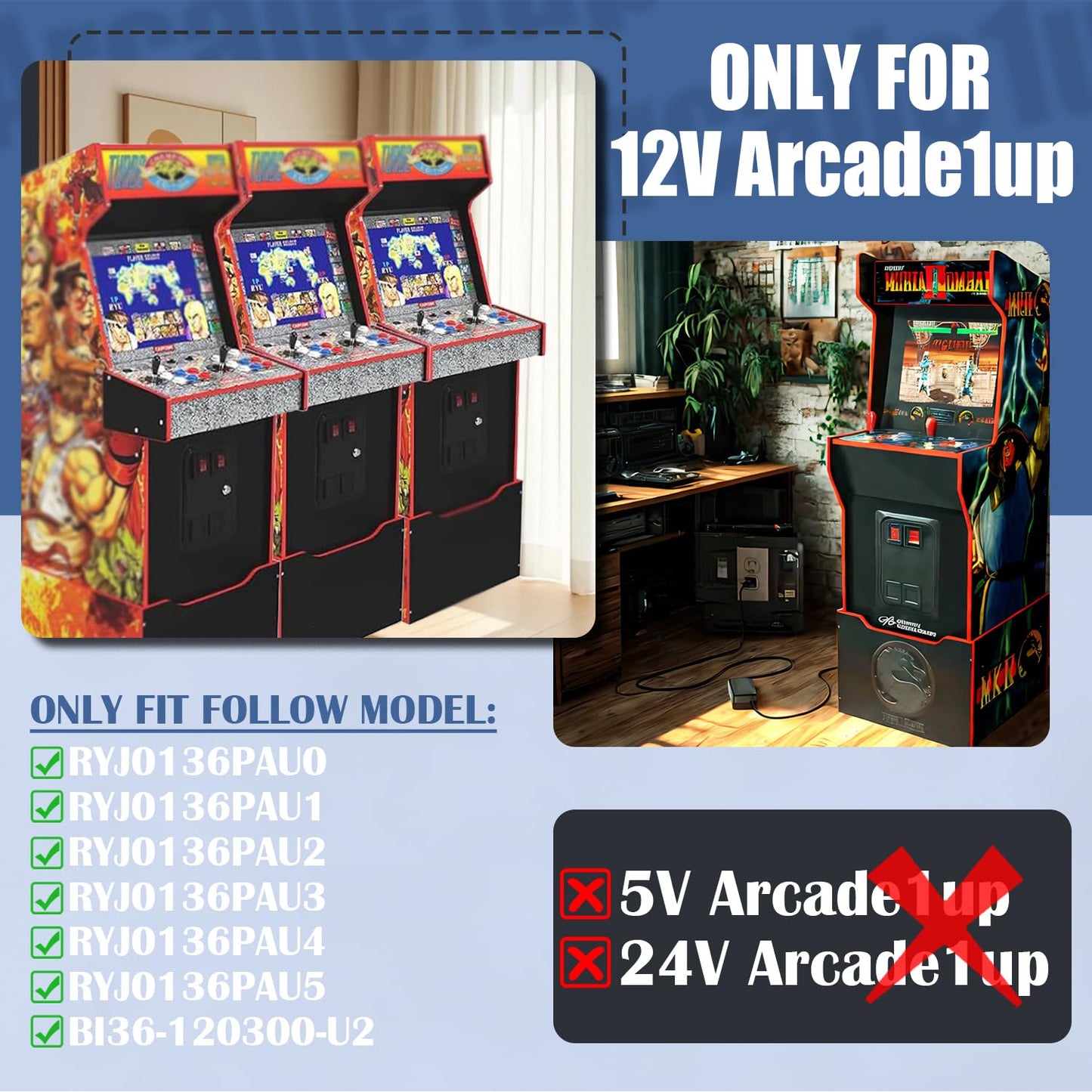 Charger Only Compatible with 12V Arcade1Up Power Cord BI36-120300-U2, 12-Volt Arcade 1Up Game Machine with Riser Cocktail Table…