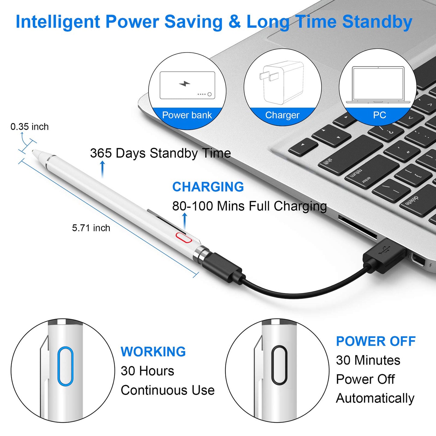 NTHJOYS 2 in 1 Rechargeable Digital Pen Fine Point Stylus for iPhone/iPad Pro/Mini/Air/Samsung and Other Touch Screens