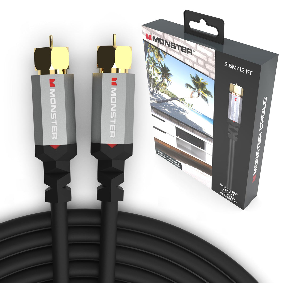 Monster Essentials RG-6 Coaxial Cable, 12ft, Gold-Plated F-Pin Connector, Duraflex Jacket, Shielded Cable for TV, Satellite, and Internet Modem Connections