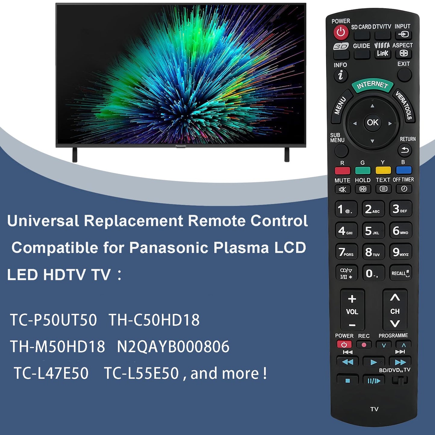Replacement Remote Control Compatible for Panasonic TC-P50UT50 TH-C50HD18 TH-M50HD18 N2QAYB000806 TC-L47E50 TC-L55E50 Plasma LCD LED HDTV TV