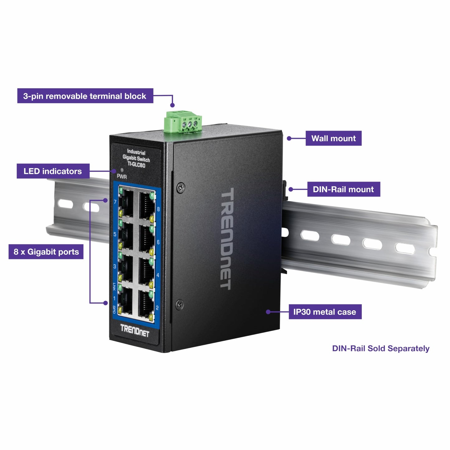 TRENDnet 8-Port Industrial Gigabit DIN-Rail Mini Switch, TI-GLC80, 8 x Gigabit Ports, Extreme Temperature IP30 Rated, 16Gbps Switch Capacity, Black