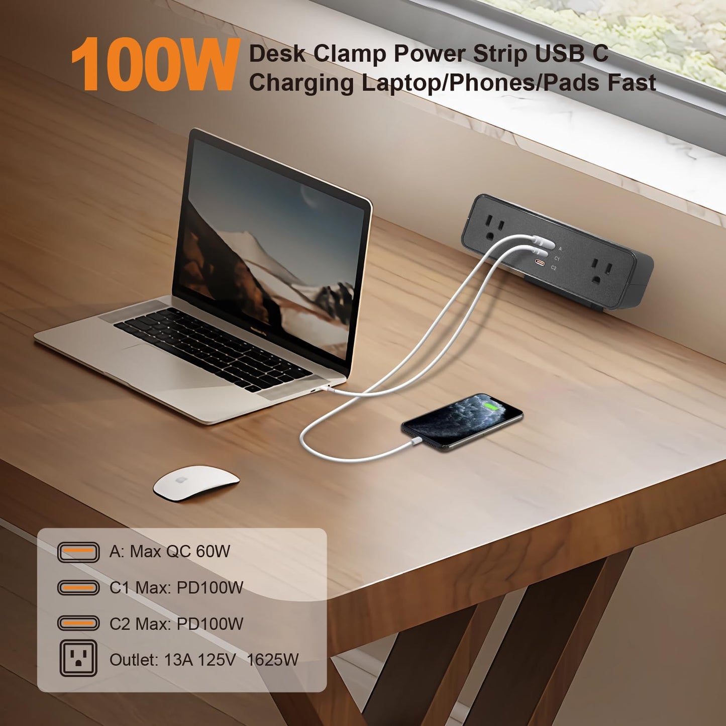 Desk Clamp Power Strip USB C 100W, Desktop Edge Mount Fast Charge Station 3 PD USB Port 2 AC Outlets 6ft Braided Extension Cord Flat Plug Fit Max