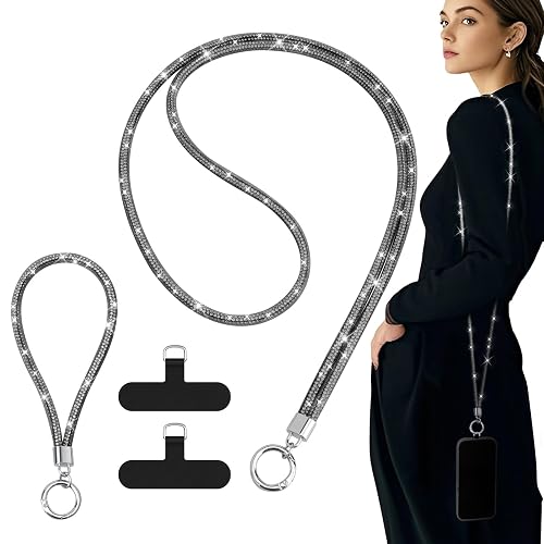 TiMOVO Universal Phone Lanyard Crossbody, Rhinestone Cell Phone Chain Anti-Theft with 1× Shiny Phone Strap, 1× Wrist Strap, 2× Pads for Most