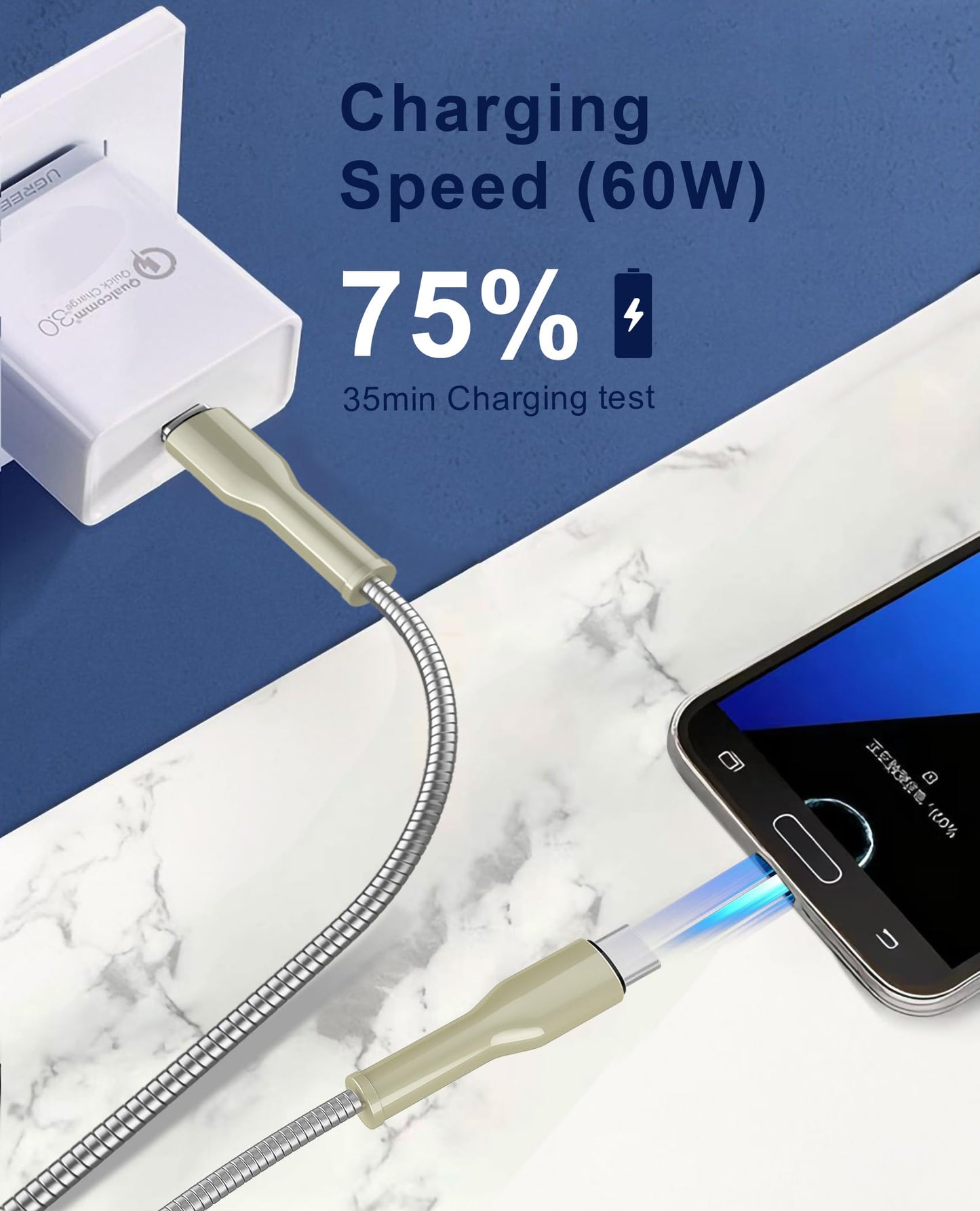 clickfish USB C to USB C Cable 6.6ft, 60W Fast Charging & Data Sync, Indestructible Metal Braided Cat/Dog Chew Proof Charger Cord for iPhone 16/15