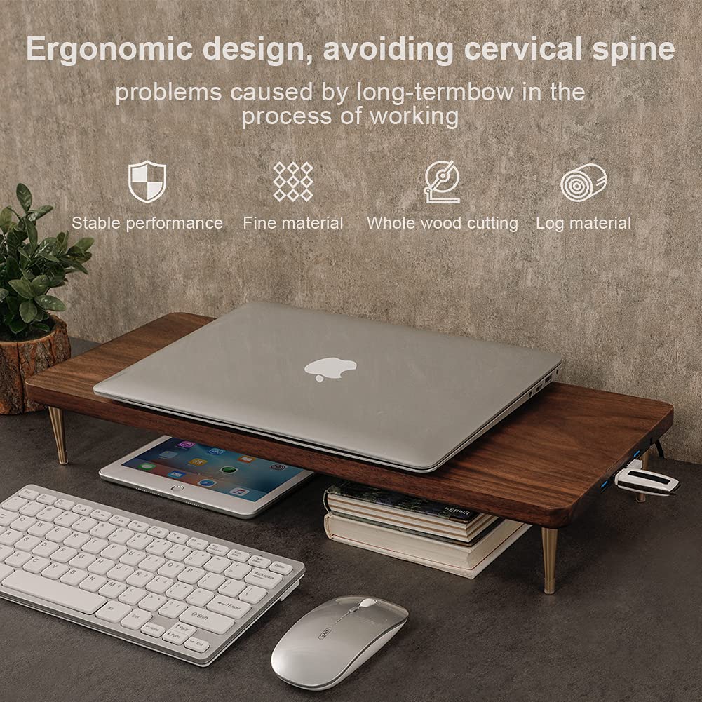 CRAFT KITTIES Monitor Stand with 4 USB Ports Walnut Wood Riser for iMac Laptop Computer Monitor - A Sturdy Computer Stand to Elevate Your Screen