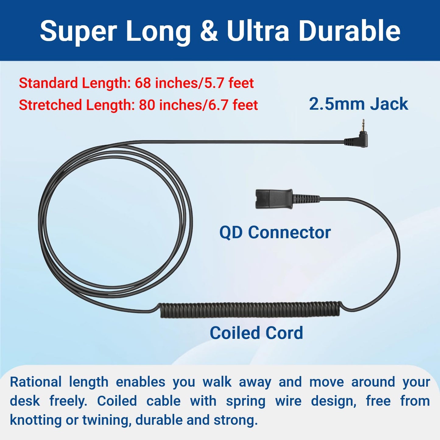 2.5mm to QD Adapter Cable for Plantronics Quick Disconnect Headsets Compatible with Panasonic Dect6.0 AT&T ML17929 VTech Uniden Polycom Cisco SPA RCA