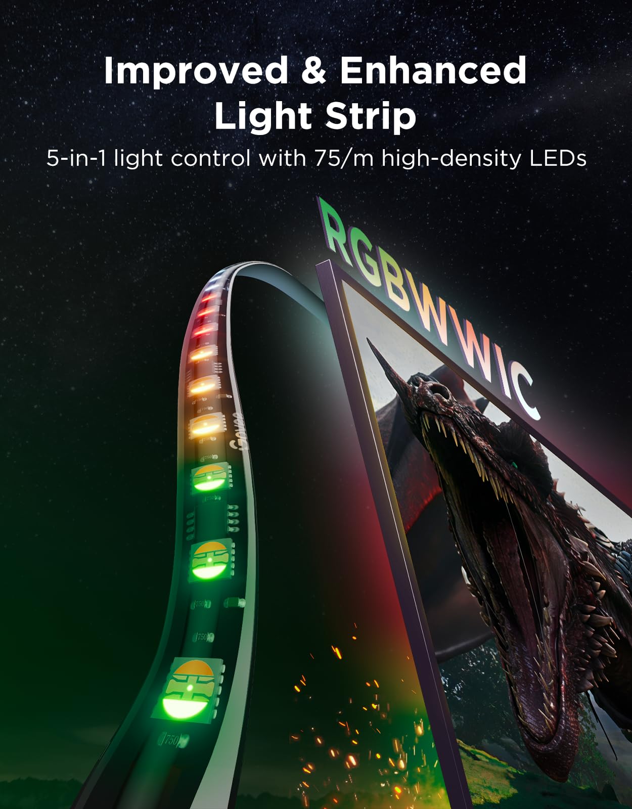 Govee TV Backlight 3 Pro with HDR Triple Camera, 11.8ft 5-in-1 RGBWWIC LED Strip Lights that Change with 55-65 Inch TVs, 75LEDs/m, Supports AI Filter