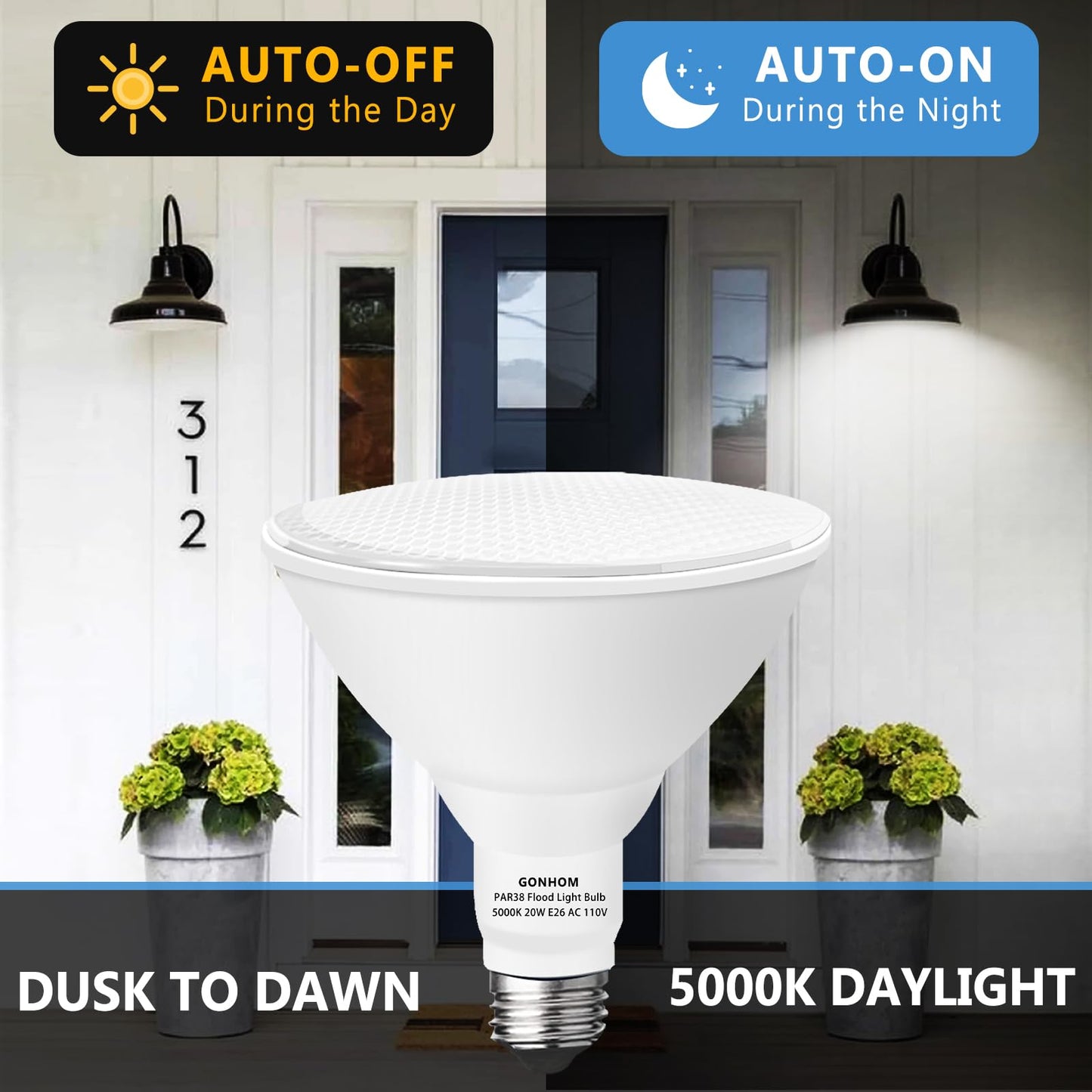 Gonhom Par38 LED Dusk to Dawn Flood Light Bulbs Outdoor,20W Replace up to 200W,1800LM,E26 Base Outdoor Flood Light Bulbs