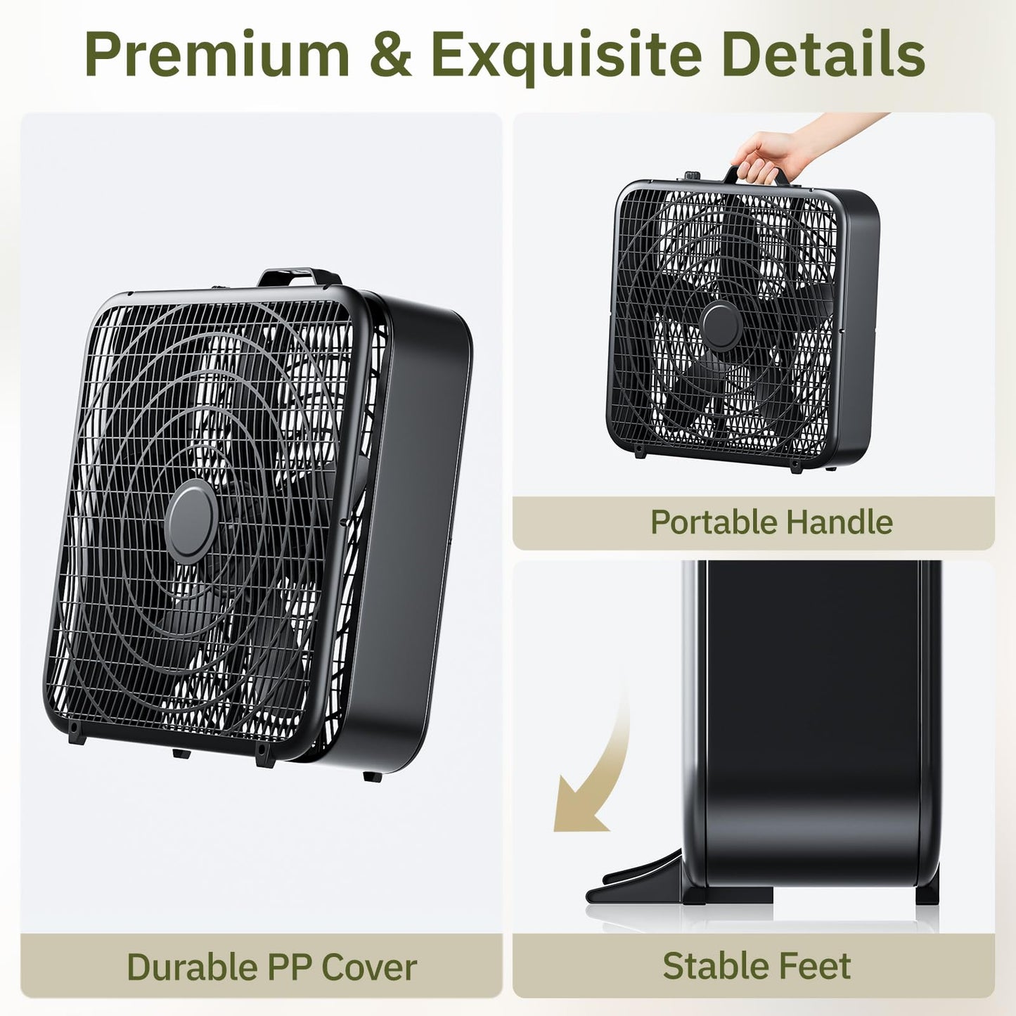Simple Deluxe 20” Box Fan, 3-Speed Cooling Fan with Aerodynamic Shaped Fans Blades, Convenient Carry Handle and Safety Grills, Black