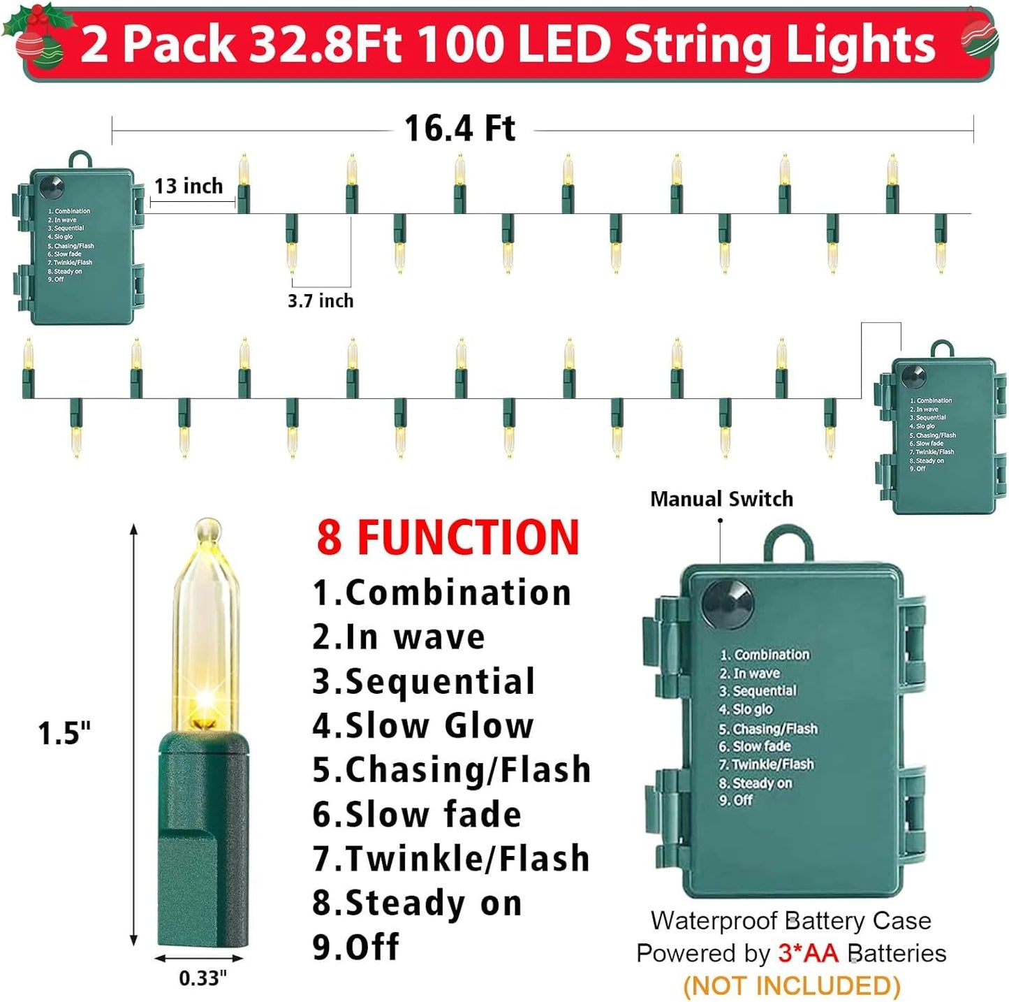 OULISI 2 Pack 100 LED Outdoor Christmas Lights, 35FT Battery Operated Mini String Lights with 8 Modes & Timer Xmas Tree Lights Waterproof for Patio