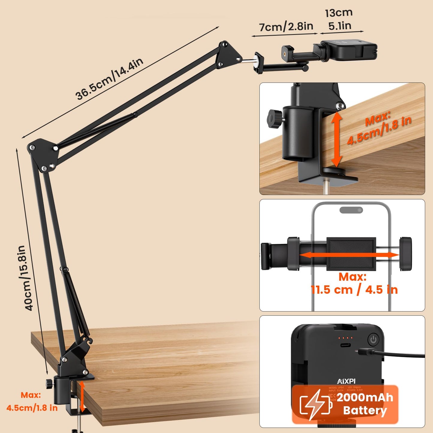 Overhead Phone Mount with LED Selfie Light and Bluetooth Remote, Rechargeable Ring Light Tripod Stand with Flexible Boom Arm, Desk Phone Holder