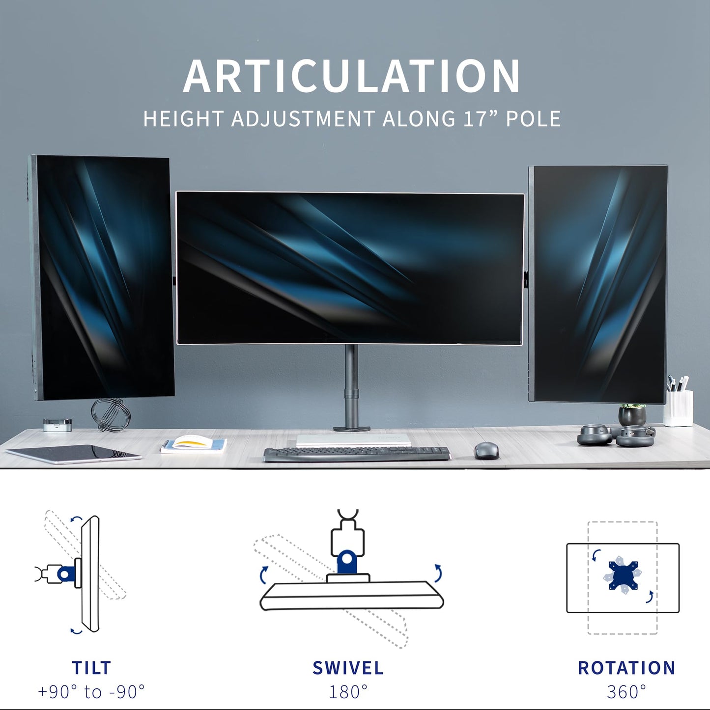 VIVO Premium Triple Monitor Desk Mount for 3 Screens up to 22 lbs, Fits up to 38 inch Ultrawides on Center Bracket, Adjustable Telescoping Arms, Flush