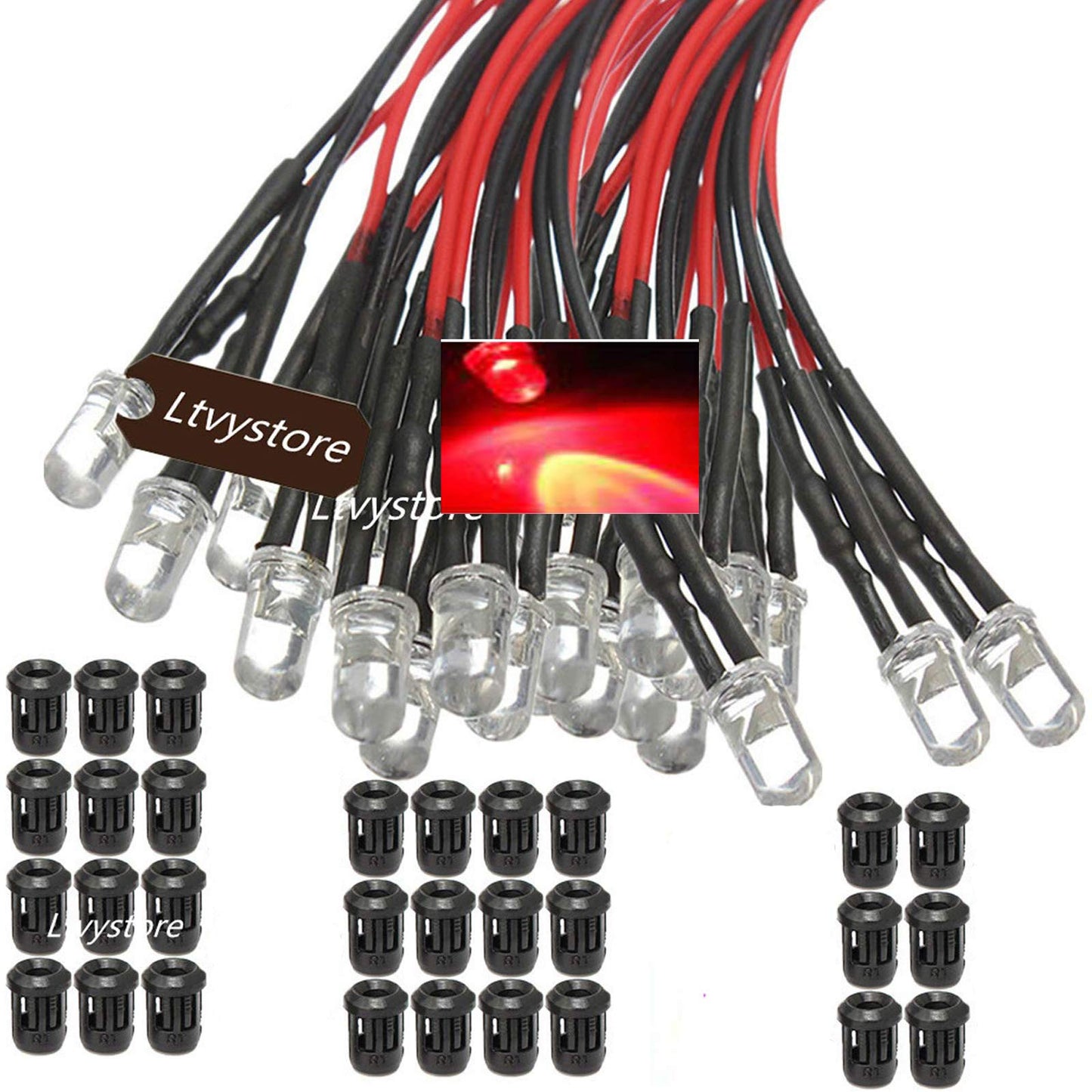 Ltvystore 30Pcs 3MM 12V Red LED Pre Wired Prewired 7.87 Inch Lamp Light Bulb Prewired Emitting Diode + 30Pcs Black 3MM LED Plastic Clip Holder Display
