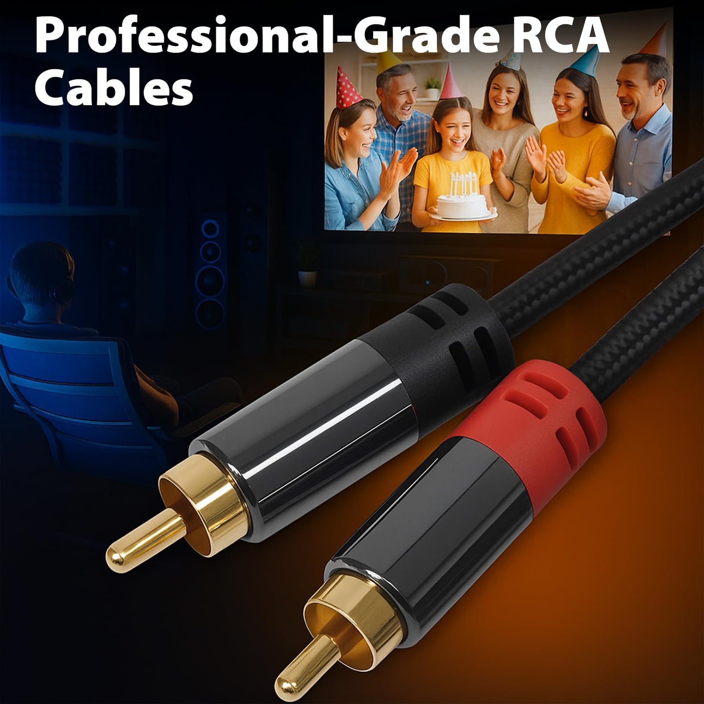Cyberguys! RCA Audio Cable, 2RCA to 2 RCA Cables Car Audio Male to Male, Shielded Cables with Braided Jacket and Gold-Plated Connectors - for Home