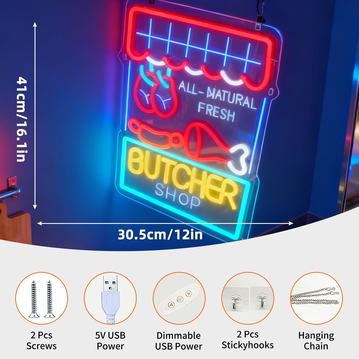 Butcher Shop LED Neon Sign, Butcher Store Home Kitchen Wall Table Light Up Letters Sign, USB Powered Decorative Neon Light 16.1 x 12 In