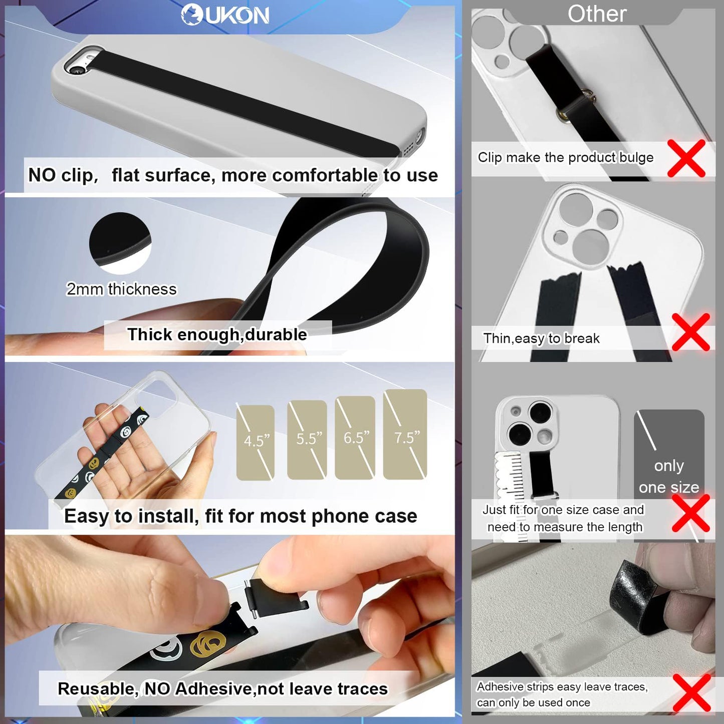 UKON Silicone Phone Grip,2 PCS Phone Strap Reusable Finger Holder with Three Short Silicone Strips DIY Combination to Fit 4.5"-7.5" Phone Case