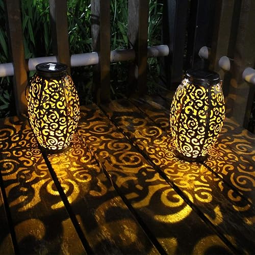 esgarden 2 Pack Upgraded 15 Lumens Outdoor Lanterns Gardening Gifts Patio Solar Lantern Hanging Powered Lights Waterproof Decorative Lamp Tabletop