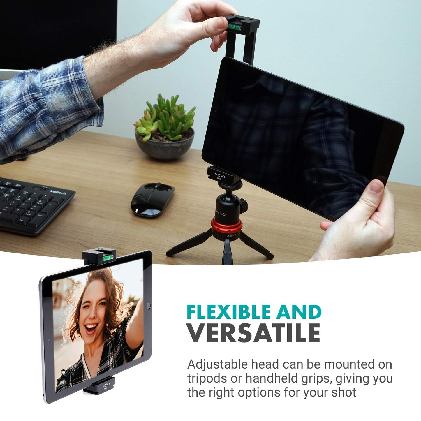 Movo TBR-1 Universal Tablet Tripod Mount with Cold Shoe for Mini Microphone, Aluminum, Compatible with iPad, Samsung Galaxy, Android Tablets and More