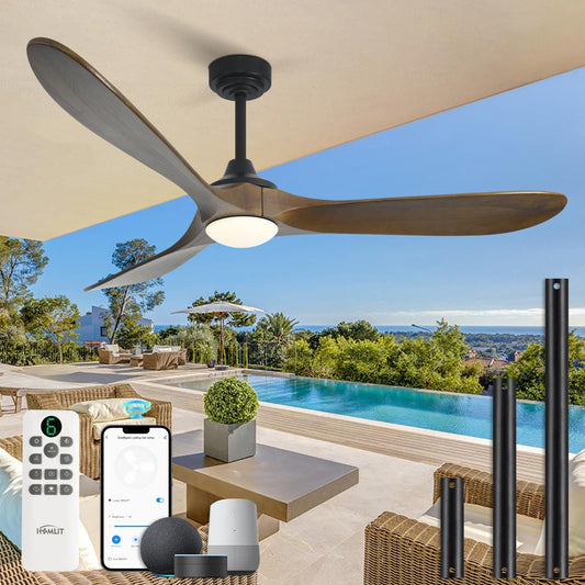 Homlit 60” Outdoor Ceiling Fan with Light 3 Downrods, Smart Wood Ceiling Fan Compatible with Alexa/Google/App, 3 Blades Modern Walnut Wood Ceiling