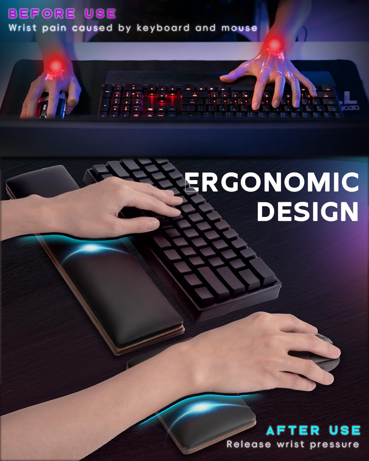 ASFSKY RGB Keyboard and Mouse Wrist Rest Set for 60%-75% Compact Keyboards - Ergonomic Wooden Support Pad with PU Leather & Memory Foam, Anti-Slip