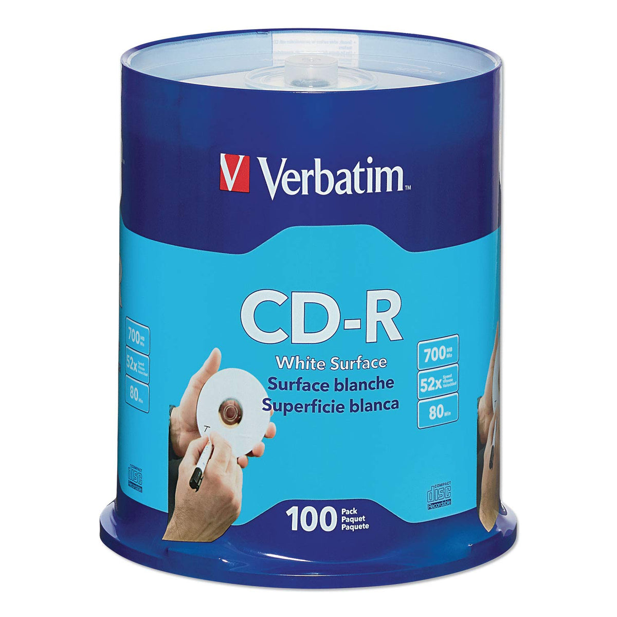 Verbatim CD-R Blank Discs 700MB 80 Minutes 52x Recordable Disc for Data and Music with Blank White Surface - 100 Pack Spindle