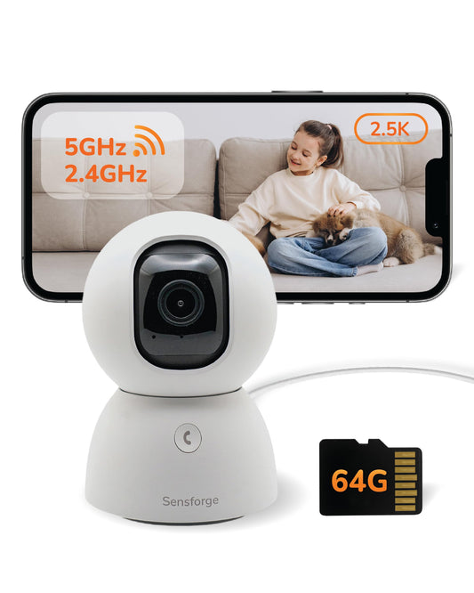 Sensforge 2.5K Indoor Pan-Tilt Dome Security Camera, 360° Coverage, AI Human & Pet Detection, Two-Way Talk, Dual-Band Wi-Fi (2.4G/5G), 64GB SD Card