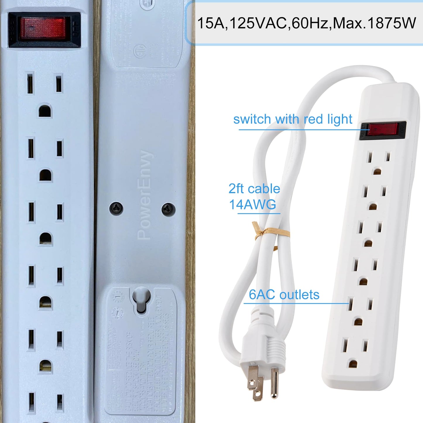 PowerEnvy 6-Outlet Surge Protector 2pk - 250 Joules, 2ft Cord, 15A/125V, 1875W Max - Right Angle Plug, Black - Home, Office, & Electronics Protection