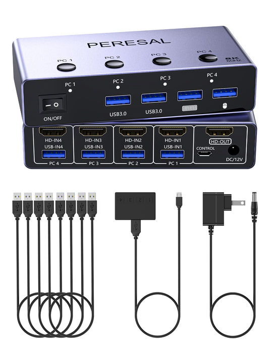 8K@60Hz HDMI KVM Switch 4 Computers Share One Monitor with 4 USB 3.0 Ports Aluminum KVM Switches, Share Keyboard Mouse Hard Drives Printer with 4 HDMI