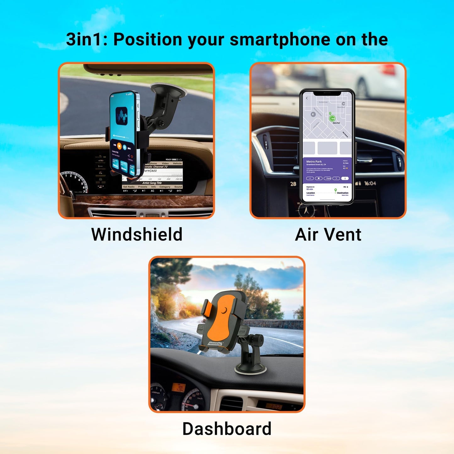 Armor All Phone Mount for Cars, 3-in-1 Phone Holder, Suction Dashboard, Windshield, & Vent Mount, 360° Rotation, Fits iPhone Max, Android, and All