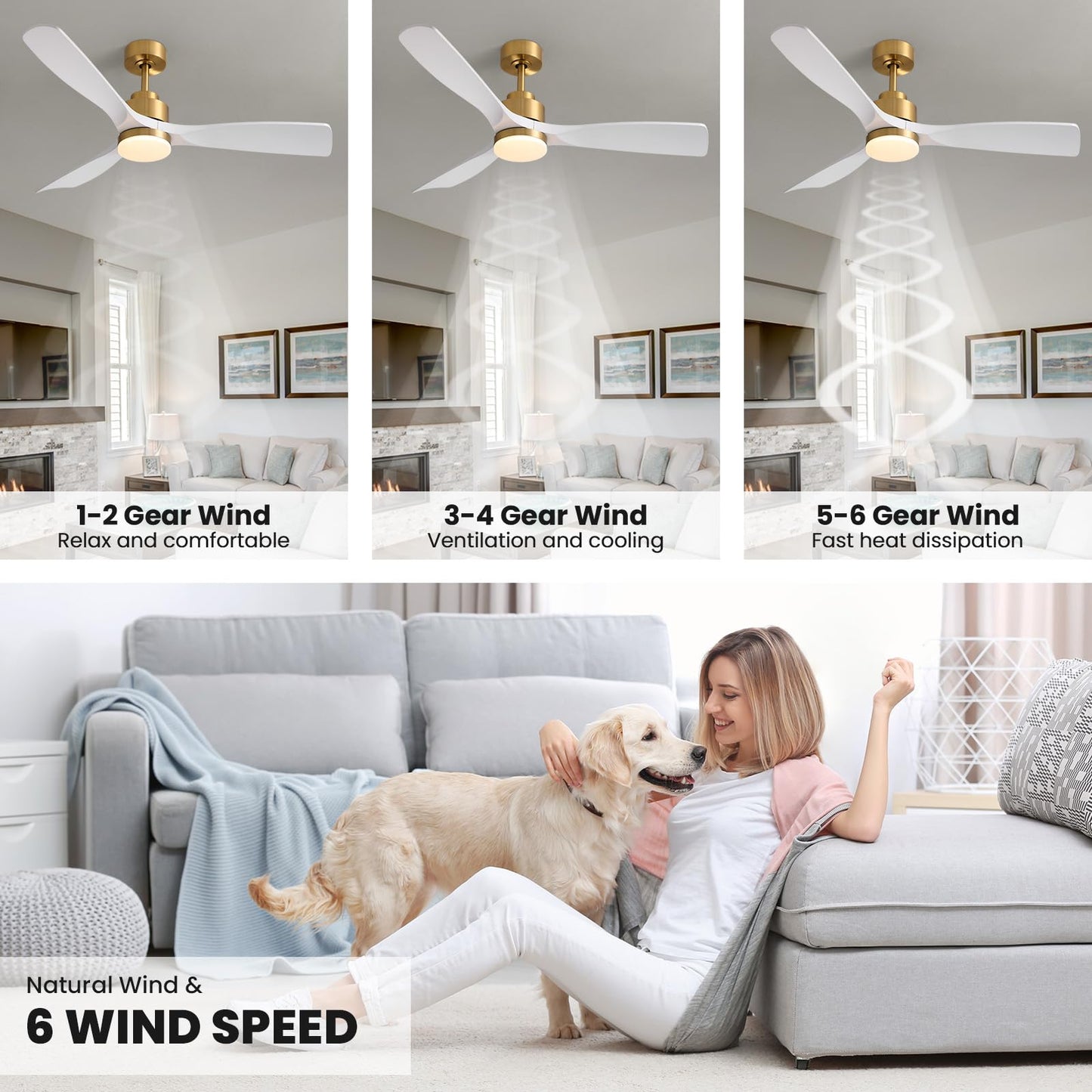 CROSSIO Modern Ceiling Fan with Lights, Gold-White, 52' x 52' x 14.8', 3 Blades, DC, Reversible, Dimmable LED, Remote Control, Indoor, 6 Speeds