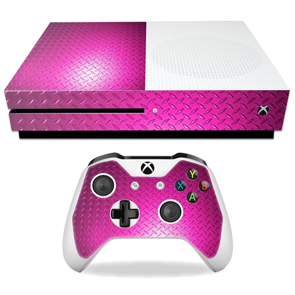 MightySkins Skin Compatible with Microsoft Xbox One S - Pink Diamond Plate | Protective, Durable, and Unique Vinyl Decal wrap Cover | Easy to Apply
