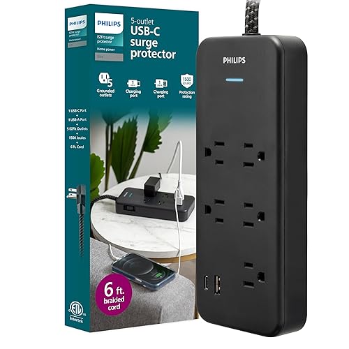 Philips 5-Outlet Surge Protector with USB, 1 USB-A, 1 USB-C, 15W Shared, 1500J, Adapter-Spaced, 6ft Braided Cord, Outlet Extender, Extension Cord,