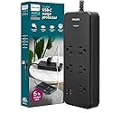 Philips 5-Outlet Surge Protector with USB, 1 USB-A, 1 USB-C, 15W Shared, 1500J, Adapter-Spaced, 6ft Braided Cord, Outlet Extender, Extension Cord,