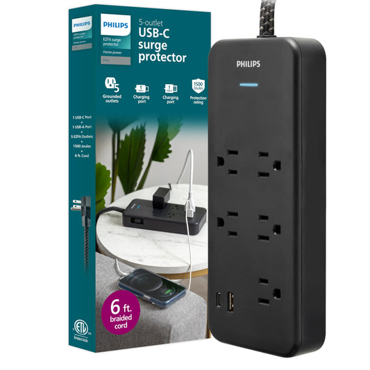 Philips 5-Outlet Surge Protector with USB, 1 USB-A, 1 USB-C, 15W Shared, 1500J, Adapter-Spaced, 6ft Braided Cord, Outlet Extender, Extension Cord,