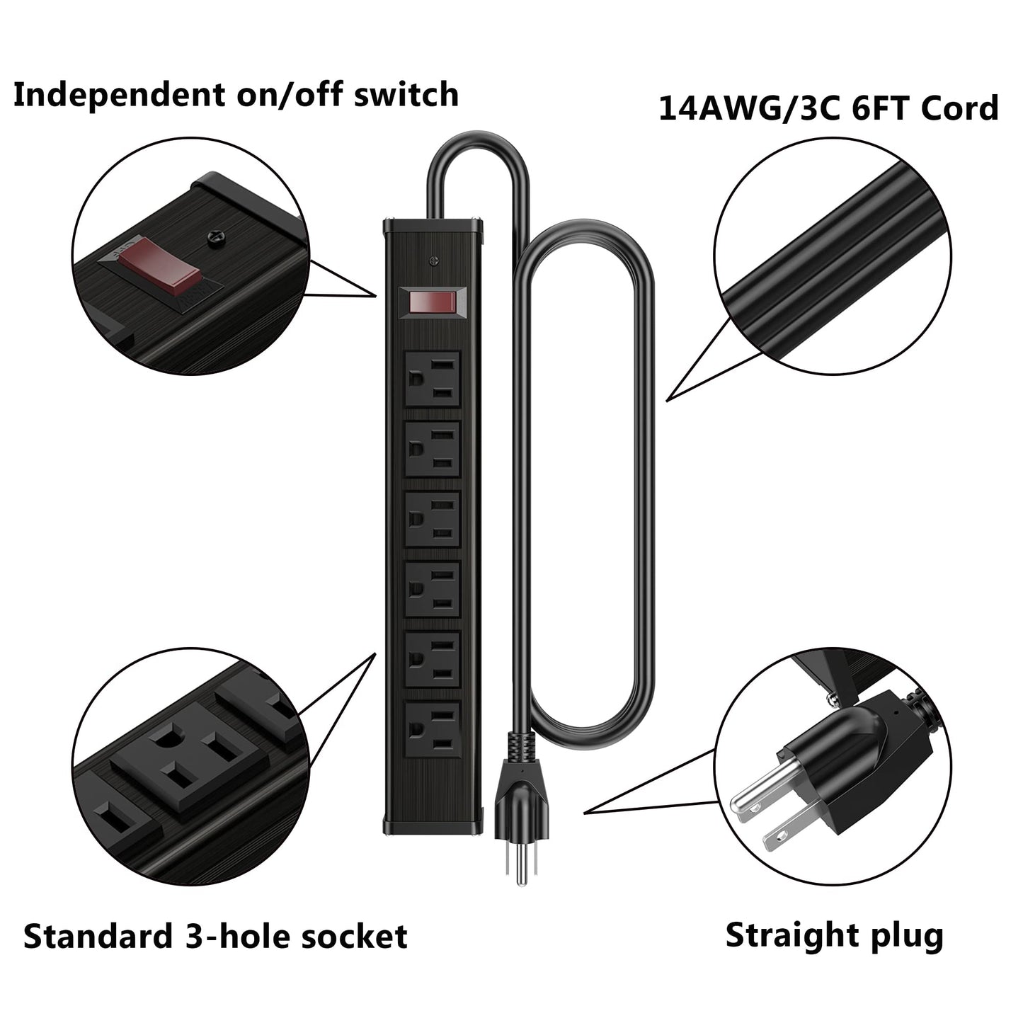 Oviitech Metal Socket Wall Mount 6 Outlets Heavy Duty Power Strip, 6 Feet Extension Cord, Mounting Brackets Included,Workshop/Industrial Use, ETL