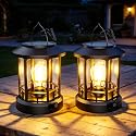 2 Pack Sloar Lanterns Outdoor Waterproof, Hanging Solar Lights with Clip Adjustable Brightness, Retro Solar Powered Lantern for Yard Garden Path