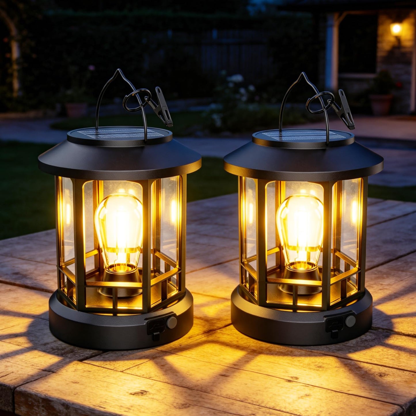 2 Pack Sloar Lanterns Outdoor Waterproof, Hanging Solar Lights with Clip Adjustable Brightness, Retro Solar Powered Lantern for Yard Garden Path